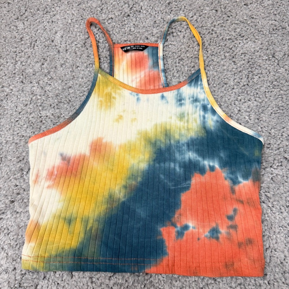 SHEIN Womens Tie Dye Ribbed Crop Top Multicolor Racerback Tank Size Large